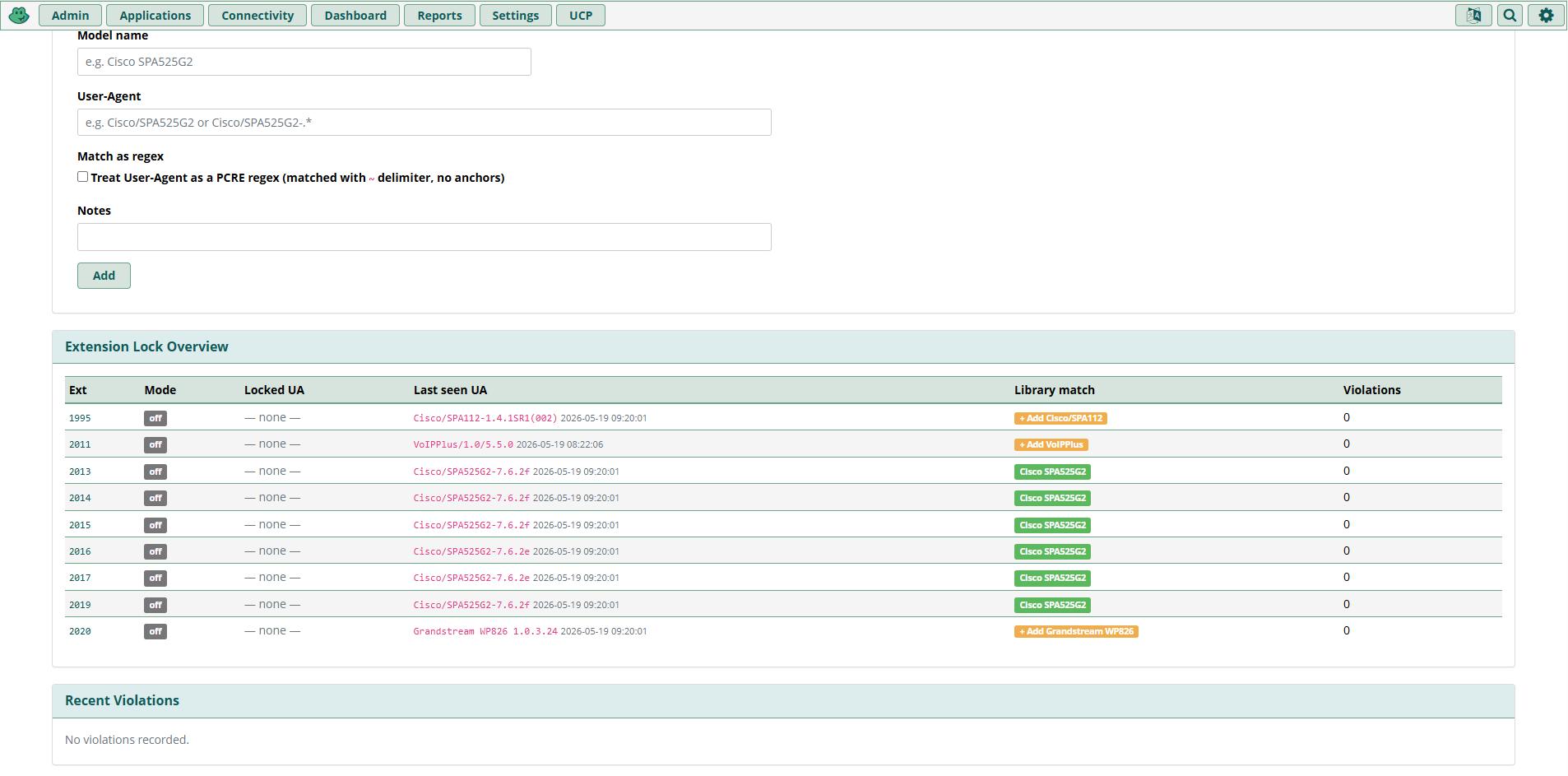 Device Lock admin overview table showing all extensions with current lock target, last-seen User-Agent, and violation count