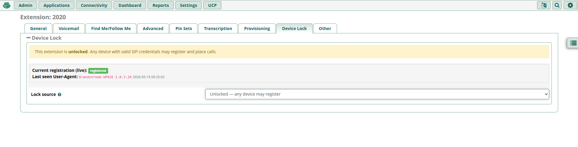 Per-extension Device Lock tab showing lock mode selector, current registration status, last-seen User-Agent, and violation history