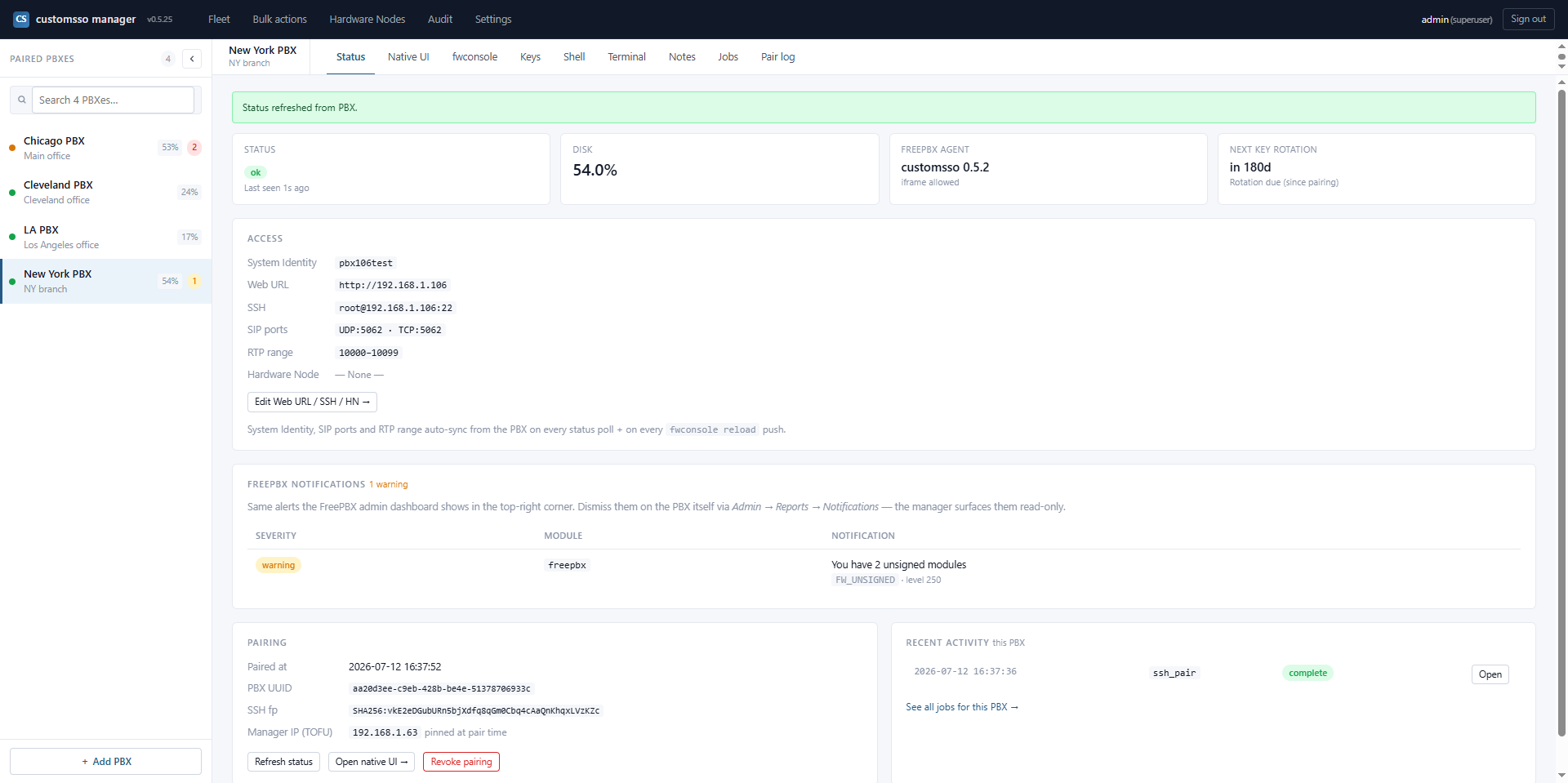 PBX status detail with live FreePBX notification list and system metrics