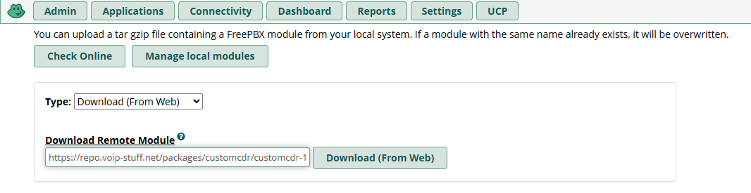 FreePBX Module Admin Download From Web form with repo URL