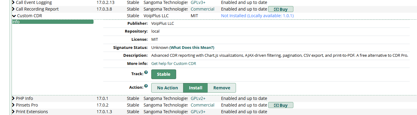 FreePBX Module Admin showing Custom CDR module ready to install