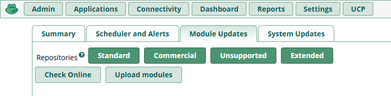 FreePBX Module Admin showing the Upload modules button